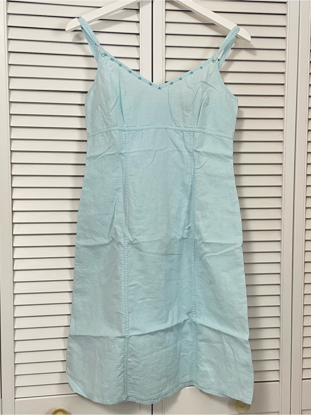 VTG H&M Women’s Small Linen Cotton Blend Mini Dress Beaded Blue Y2K Beachy